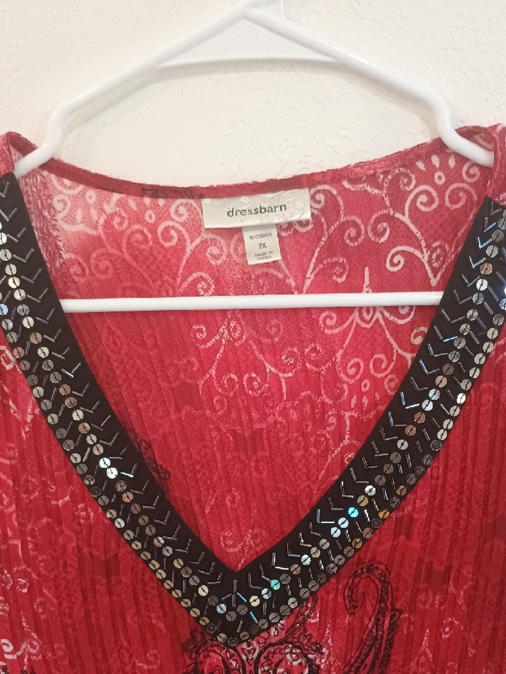 dressbarn Red V-Neck Embellished Paisley Blouse - Picture 3 of 9